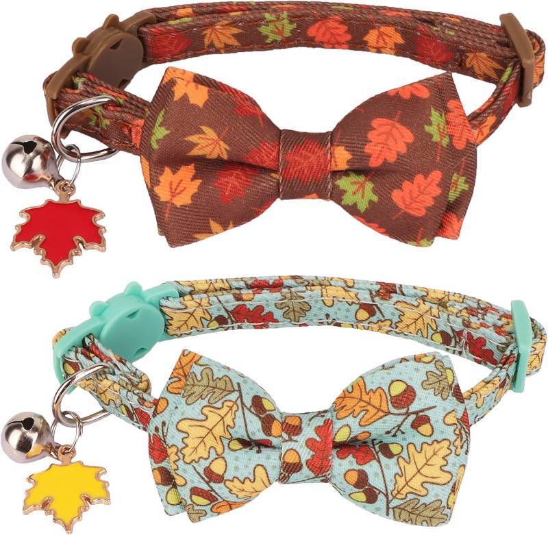 lot 65511 image: ADOGGYGO 2 Pack Fall Cat Collar with Removable Bow Bell, Brown Green, Halloween Thanksgiving Fall Collars for Cat Kitten