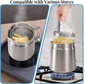 lot 35594 image: NEW Stove Top Fryer and Oil Strainer Filter Cleaner and Storage 2 Liter . Stainless Steel RETAIL 49.99