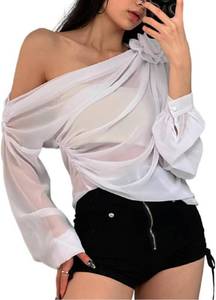 lot 2009 image: Womens One Shoulder Floral Mesh Crop Top - Chiffon 3D Flower Blouse SIZE MED