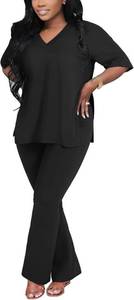 lot 2010 image: Womens 2-Piece Summer Outfit 2025 - V-Neck Oversized Top & Flare Pants COLOR IS PINK SEE PHOTOS  SMALL