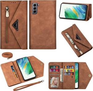 lot 65803 image: Wallet Case for Samsung Galaxy S21 FE 5G Leather Flip Zipper Purse Handbag with Credit Card Holder Shoulder Strap and Wrist Strap Phone Cover for S 21 EF S21FE5G UW S21FE 21S G5 6.4 inch Brown