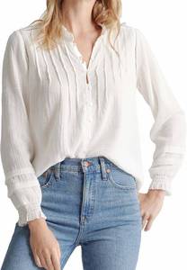 lot 65810 image: SUNNOW Womens White Textured Blouse Ruffle Stand Collar Button Down Shirt Long Sleeve Relaxed Boho Top MED