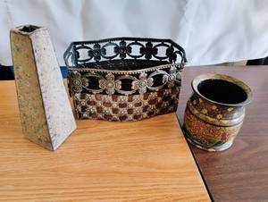 lot 1524 image: Decorative Metal Container Lot with Ornamental Baskets and Cylindrical Vessel