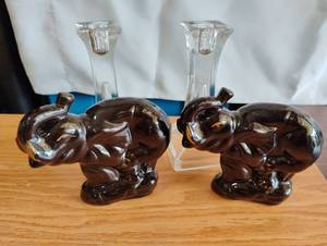 lot 1525 image: Small Decorative Home Lot Glass Candle Stick Holders and Glass Elephants