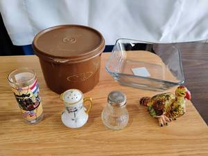 lot 1536 image: Mixed Kitchenware Lot Tupperware Tea Canister, Glass Dish, Shakers, Souvenir Shot Glass