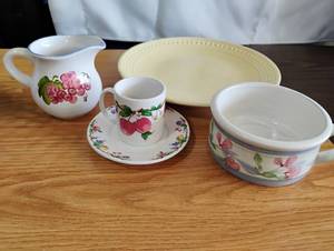 lot 1559 image: Ceramic Tableware Set Floral Print Creamer Pitcher, Soup Bowl, Plate, and Tea Cup and Saucer