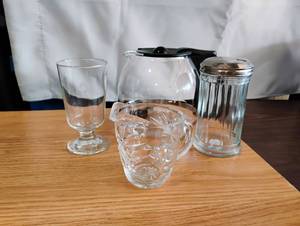 lot 1565 image: Glass Coffee Carafe and Creamer Pitcher Set with Glass and Sugar Container