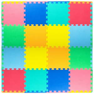 lot 18279 image: Kids Solid Floor Play Mat - 16 Multicolored Tiles with 16 End Borders