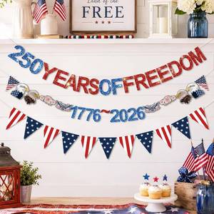 lot 2103 image: Breling 3 Pcs 4th of July Party Decoration 250th Anniversary Banner 8.2 ft Glitter Red White Blue Banner 250 Years of Freedom 1776-2026 for Independence Day Patriotic