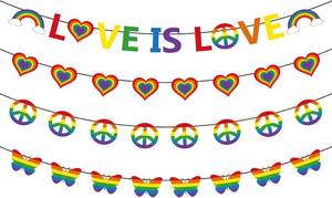 lot 2127 image: Pride Party Banners Decorations, 4PCS Is Love Gay Pride Pre Strung Banners Decorations, Lgbtq Heart Decor for Bisexuality Transgender and Gay Lesbian Supplies