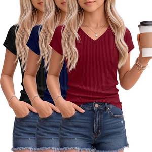 lot 2154 image: 3 Pack Girls Shirts Kids V Neck Short Sleeve Ribbed Knit Tunic Tops Slim Fit Casual Cute Basic Summer Solid Tee SIZE 13-14 YEARS