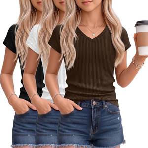lot 2167 image: 3 Pack Girls Shirts Kids V Neck Short Sleeve Ribbed Knit Tunic Tops Slim Fit Casual Cute Basic Summer Solid Tee SIZE 7-8 YEARS