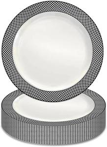 lot 2169 image: Black Plastic Plates,7.5 Inch Disposable SaladDessert Plates,White with Black Rim Premium Plastic Appetizer Small Cake Plates for Guaduation Weddings Birthday Party