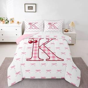 lot 2170 image: Erosebridal Pink Bow Twin Comforter Set Initial K Letter Bowknot Bedding Set for Kids Girls Cherry Plaid Bow Tie Comforter Monogrammed Dreamy Princess Style Duvet Insert with 1 Pillow Case