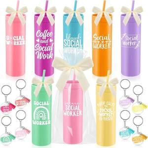 lot 2187 image: Honeydak 8 Pcs Social Worker Appreciation Week Gifts 16oz Plastic Cups with Lids and Straws Keychains Bow OPP Packaging Bag Social Worker Graduation Gifts Thank You for Team Staff(Bright,Rainbow)