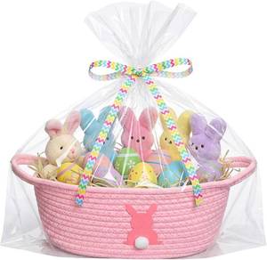 lot 2188 image: Teenyyou Woven Easter Baskets with Gift Bags & Ribbons, Small Cotton Woven Baskets for Gifts Empty, Rope Easter Basket with Handle for Gift Wrapping Egg Hunt Storage, 12x 8 x 5(1 Pcs,Pink)