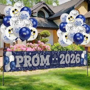 lot 2210 image: Graduation Prom Banner Decorations for Party 2026, Blue and Silver Prom 2026 Decorations Yard Sign Banner with Balloons for Prom Send Off Decorations 2026 , 9.8 X 1.6 ft