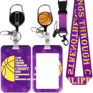 lot 2218 image: Purple and Gold Basketball Badge Lanyards with I Can Do All Things Through Christ,Retractable Reel Clip and Detachable ID Holder Badge for Office Staff, Teachers, Students, Basketball Enthusiast Gift