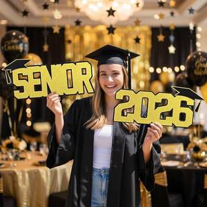 lot 2243 image: Xuhal 2 Pcs 2026 Senior Sign Glitter Senior 2026 Photo Props Gold and Black 3D Graduation Decorations Grad Night Party Photoshoot Supplies School Graduate Decorations