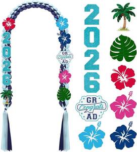 lot 2252 image: Craftsatin Cartoon Hawaii Ribbon Lei for Graduation 2026 67 Blue Graduation Lei Double Braided Strands with Hibiscus and Palm Leaves for Class of 2026 Tropical Luau Grad Party Favors Graduate Gifts