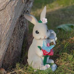 lot 2253 image: Bunny Garden Statue with Solar Light  Rabbit Outdoor Garden Decor Ornaments, Patio Yard Art, Birthday Gift Easter House Warming, Resin Animal Figurine, Wider Base