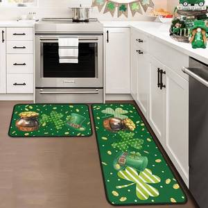 lot 2255 image: St. Patricks Day Clover Kitchen Rugs Set of 2, Irish Shamrock Polka Dot Striped & Pot of Gold Coin Print Floor Door Mat Home Decorations 17x4717x30