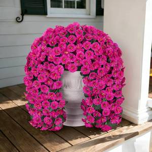 lot 2259 image: Fake Flowers for Outdoor Spring Decoration, 2 Bundles Artificial Silk Fuchsia UV Resistant Lifelike Morning Glory Long Trailing Vines for Hanging Planter Porch Patio Decor