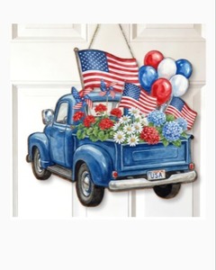 lot 2267 image: 4th of July Decorations Patriotic Decor Wooden Welcome Front Door Sign Red White and Blue Hanging Sign