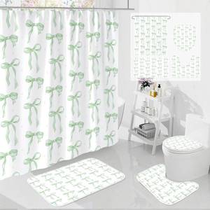 lot 2292 image: Litabel 4Pcs Cute Sage Bow Shower Curtain Sets with Rug, Toilet Lid Cover and Bath Mat, Aesthetic Bowknot Shower Curtains for Green Bathroom Decor, Modern Minimalist White Waterproof Bathroom Set