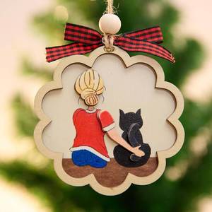 lot 2300 image: 4 Inch 3D Wooden Ornament Woman with Cat Hanging Decor for Christmas Tree