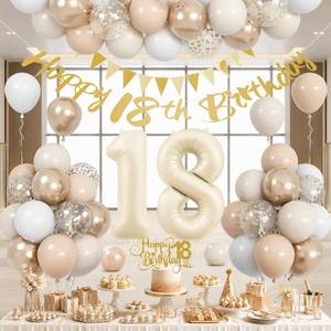 lot 2313 image: 18th Birthday Party Decorations for Girls Boys, Sand White Gold 18 Year Old Foil Balloon Set, Beige Gold Number 18 Party Decorations, Happy Birthday Banner with Cake Topper for Boho Party Supplies