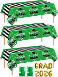 lot 2336 image: multiwins 7-Pack Graduation Party Decorations Set, 3 Green Graduation Tablecloths 54x108in, 2026 And GRAD Balloons, 2 Foil Fringe Curtains for High School College Graduation Party Photo Booth