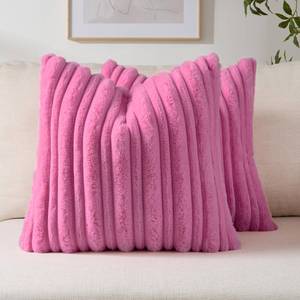 lot 2348 image: FUTEI Pack of 2 Faux Rabbit Fur Throw Pillow Covers 18x18 Inch,Hot Pink  Same Both Sides, Wide and Narrow Striped Design,Hidden Zipper,Machine Washable,Non-Shedding,Colourfast,Inserts Not Included.