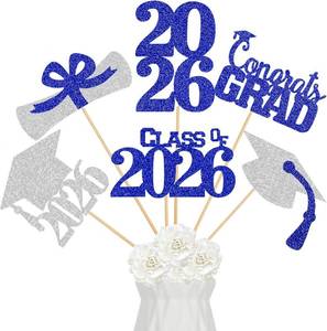 lot 2426 image: 24Pcs 2026 Graduation Centerpieces Sticks Blue and Silver, Graduation Party Centerpieces for Tables 2026 Blue and Silver 2026 Table Centerpieces Decorations