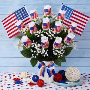 lot 2454 image: Suhine 12 Pcs 4th of July Rose Flowers Patriotic Table Centerpieces Independence Day Party Decorations Supplies Artificial USA Flag Flowers Gifts for Veterans Election Memorial Day (4th July, Normal)