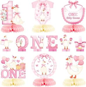 lot 2458 image: ANGOLIO 12Pcs One Silly Goose Honeycomb Centerpieces for 1st Birthday Party, Pink Bow Baby Shower Decorations Welcome Baby Gender Reveal Table Toppers Girls Theme Photo Props Summer Party Supplies