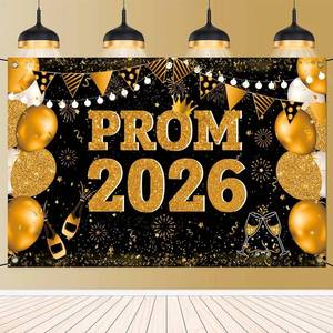 lot 2508 image: Large 71 X 43 Prom Send Off Decorations 2026 Banner, Black and Gold Prom Backdrop for Photoshoot for High School College Graduation Party Decor