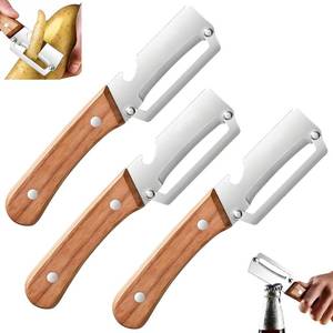 lot 2528 image: 3 Pcs 2-in-1 Multifunctional Vegetable Peeler with Stainless Steel Blade & Wooden Handle, Non-Slip Fruit and Vegetable Peeler with Built-in Bottle Opener, Kitchen Tool for Potato Pumpkin Papaya Carrot