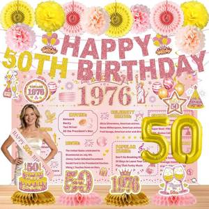 lot 2531 image: 24 Pcs 50th Birthday Decorations for Women, Back in 1976 Party Supplies, Pink Gold 50th Birthday Banner Backdrop Hanging Swirls Balloons Honeycomb Centerpieces Sash