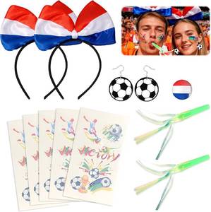 lot 2535 image: 2026 Soccer Cup Couple Fan Kit, His & Hers Soccer Supporter Set with National Flag Pin Badge for Men, Football Earrings for Women, 2 Hair Bows, 5 Stickers, 2 Green Whistles