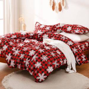 lot 2469 image: JSD Red Buffalo Plaid Snowflakes Christmas Winter Duvet Cover Set Queen Size