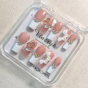 lot 2492 image: Luxury Handmade Press on Nails - Long Square White French Tips Press on Nail with Almond 3D Rhinestones, Flowers & Butterflies, Acrylic Multi-Layer Gel False Nails for Women (10Pcs Size M)