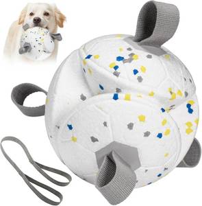 lot 2569 image: Moonorange 6 Inch Dog Ball Toys Interactive Soccer Ball with Straps for Tug of War Water Pet Toys Gifts for Puppy Birthday Indoor Outdoor for Fetch for Large Medium Dogs, Color is tennis yellow