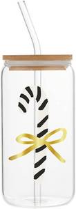 lot 2570 image: Santa Barabara Design Studio Gold-Foil Embellished Holiday Cold Brew Glass Travel Tumbler Cup with Bamboo Lid and Glass Straw, 16 Fluid Ounces, Single Candy Cane