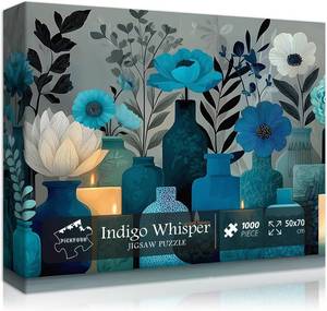 lot 2586 image: Blue Flower Puzzles for Adults 1000 Pieces,PICKFORU Indigo Whisper Jigsaw Puzzle, Elegant Plant Floral Vase Puzzles, Challenge for Adults Modern Aesthetic