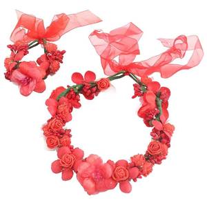 lot 2908 image: Floral Crown Wrist Bands Set For Women  Wedding Hair Accessories  Adjustable Hair Crowns for Women, Flower Crown  Headbands with Ribbon Garland Wristbands  Accessories for Weddings, Parties, Red