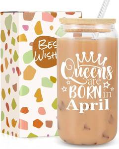 lot 2916 image: Birthday Gifts for Women, Funny Happy Birthday Glass Cup Tumbler for her, Girlfriend, Friends, Wife, Mom, Bestie, Daughter, Sister, 18oz Unique Can Glass with Straw & Lid, Queens are Born in April