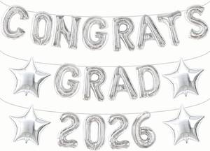 lot 2920 image: Congrats Grad Balloons Silver Foil Congrats Grad Balloon Banner for Graduation Decorations 2026 Congratulations Balloons Graduation Party Supplies