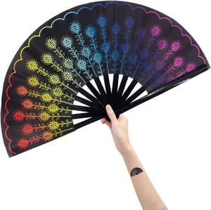 lot 2924 image: Large Folding Hand Rave Fan for WomenMen, ChineaseJapanese Bamboo and Nylon-Cloth Handheld Fans, Perfect for Cooling, Dance, Gift, Drag Queen, Decoration & Wedding (Colorful Peacock)