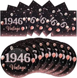 lot 2949 image: 40Pcs 80th Birthday Party Decorations for Her Rose Gold Back to 1946 Paper Plates and Napkins Vintage 40s Birthday Party Supplies